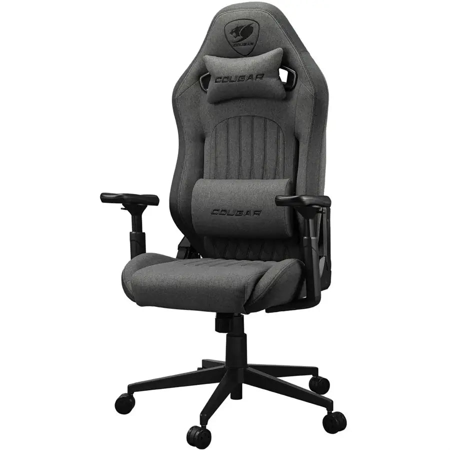 Cougar Explore Royal Gray F Gaming Chair, 3D Hyperrotation Armrests, Premium Imitation Linen Fabric, Lumbar and Neck Pillows, Textured Leatherette Backrest, Royal Gray