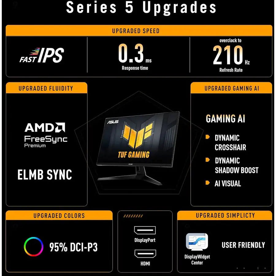 Asus TUF Gaming Series 5 VG27AQ5A Gaming Monitor, 27-inch QHD 2560x1440, 210Hz OC, Fast IPS, 0.3ms GTG, FreeSync Premium, Black