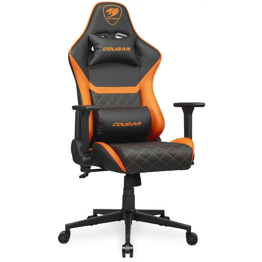 Cougar Armor One V2 Gaming Chair, PVC Leather Surface, 4D Folding Armrests, Lumbar and Neck Pillows, Back Pocket, High-Back Design, Black/Orange