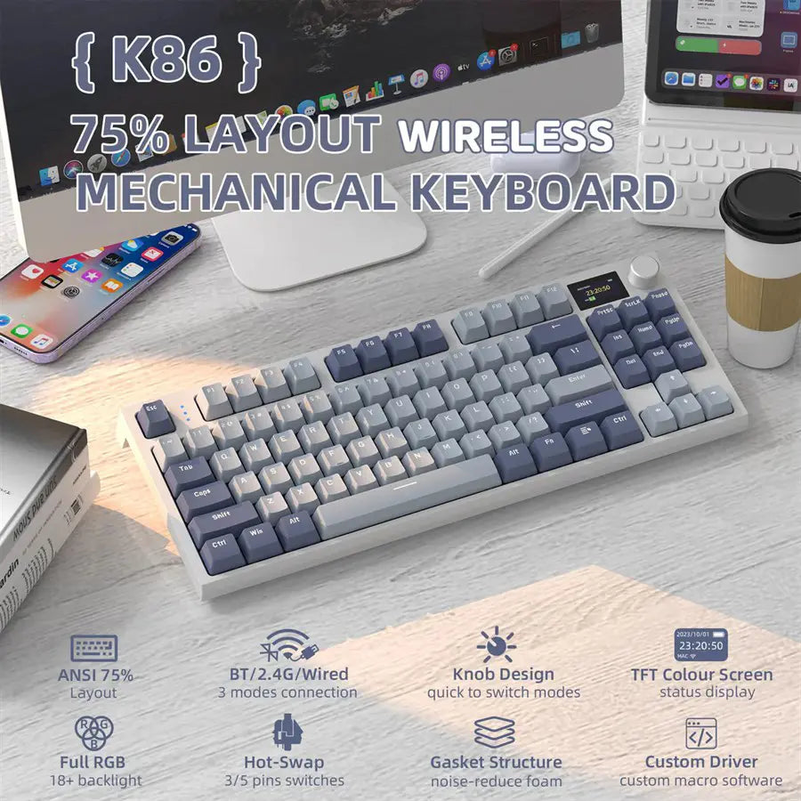 ATTACK SHARK K86 Wireless Mechanical Keyboard, 75% Layout, Smart TFT Color Display and Knob, Gasket Mount, Bluetooth 5.0 and 2.4G and Type-C, RGB Backlight, Lavender Blue