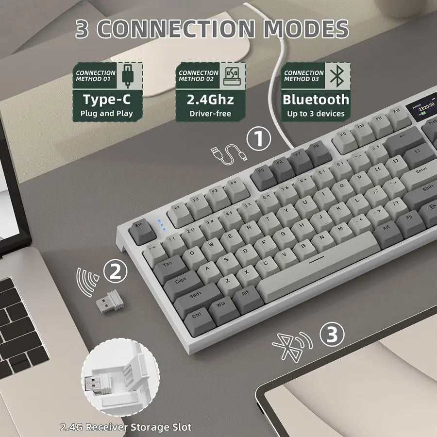 ATTACK SHARK K86 RGB Wireless Mechanical Keyboard, Hot-Swappable, Gasket Mount, RGB Backlit, 2.4GHz/BT/Wired, TFT Color Display & CNC Knob, Business Gray, Blue Whale Switch