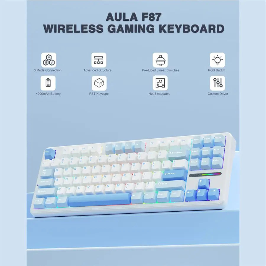 AULA F87 Wireless Mechanical Keyboard, 75% TKL, Hot Swappable, Pre-Lubed Graywood Switches, PBT Keycaps, RGB Backlit, Tri-Mode 2.4GHz USB-C Bluetooth 5.0, Blue White Dark Blue