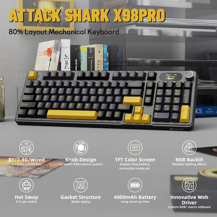 ATTACK SHARK X98PRO Wireless Gaming Keyboard, 99 Keys, LED Color Display, Hot-Swappable Blueberry Switch, Bluetooth 2.4G Wired, 4000mAh Battery, Star Black