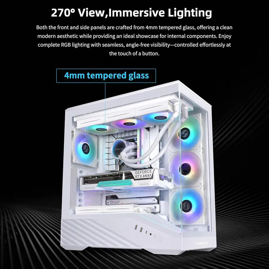 Lian Li V100 ATX Mid-Tower PC Case 4x120mm ARGB PWM Fans, LED RGB Strip, Tempered Glass, Support 420mm GPUs, 360mm Radiator, Optimized Airflow White V100RW
