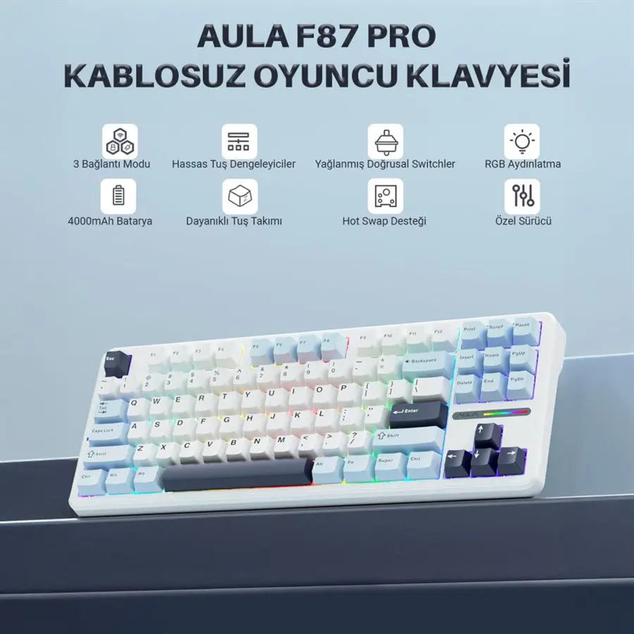Aula F87 Mechanical TKL Keyboard, LEOBOG Graywood V3 Linear Switch, RGB, Hot Swap, Macro, Wireless, Type-C, Light Blue
