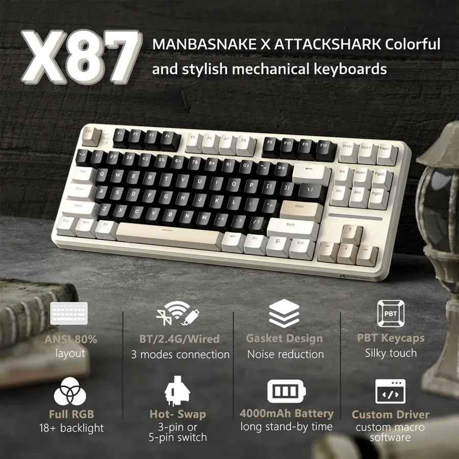ATTACK SHARK X87 Tri-Mode Gasket Mechanical Keyboard, 80% Layout, Tri-Mode Bluetooth 5.1 and 2.4G and Type-C, Hot-Swappable, RGB, 4000mAh, Cheese White