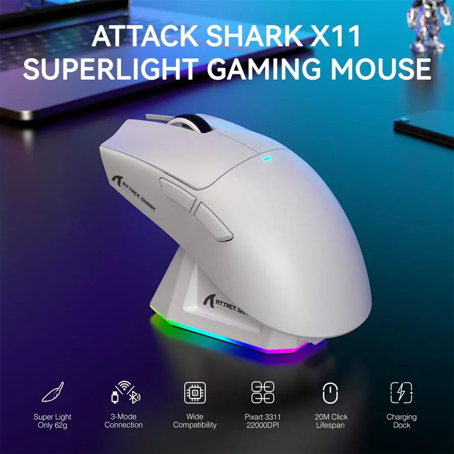 ATTACK SHARK X11 Wireless Gaming Mouse, PixArt PAW3311 Sensor, Tri-Mode BT/2.4G/Wired, 63g Ultra-Light, 65Hrs Battery, With Charging Dock, White