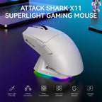 ATTACK SHARK X11 Wireless Gaming Mouse, PixArt PAW3311 Sensor, Tri-Mode BT/2.4G/Wired, 63g Ultra-Light, 65Hrs Battery, With Charging Dock, White