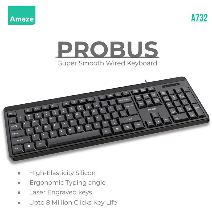 Amaze A732 Probus Super Smooth Ergonomic Wired Keyboard, Quiet Keystrokes, Ergonomic Typing Angle, USB 2.0
