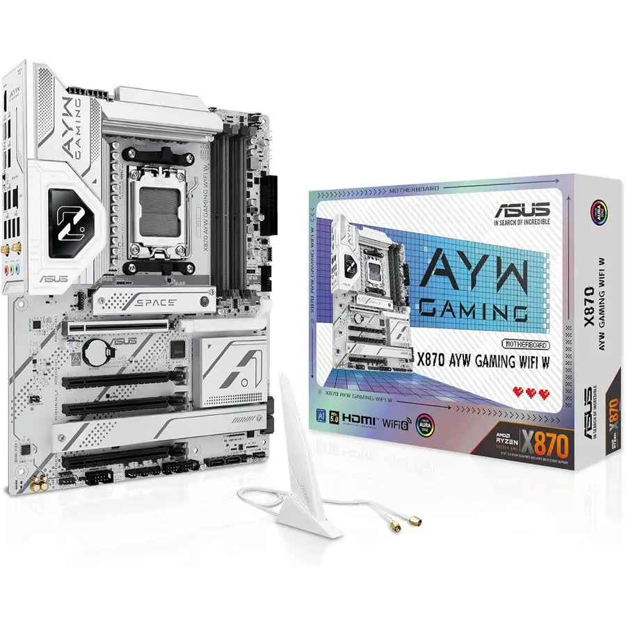 Asus X870 AYW Gaming Wifi W Motherboard, AMD X870, AM5, ATX, DDR5 8000+MT/s, PCIe 5.0 x16, 3x M.2, Wi-Fi 6, 2.5Gb LAN, USB4, White