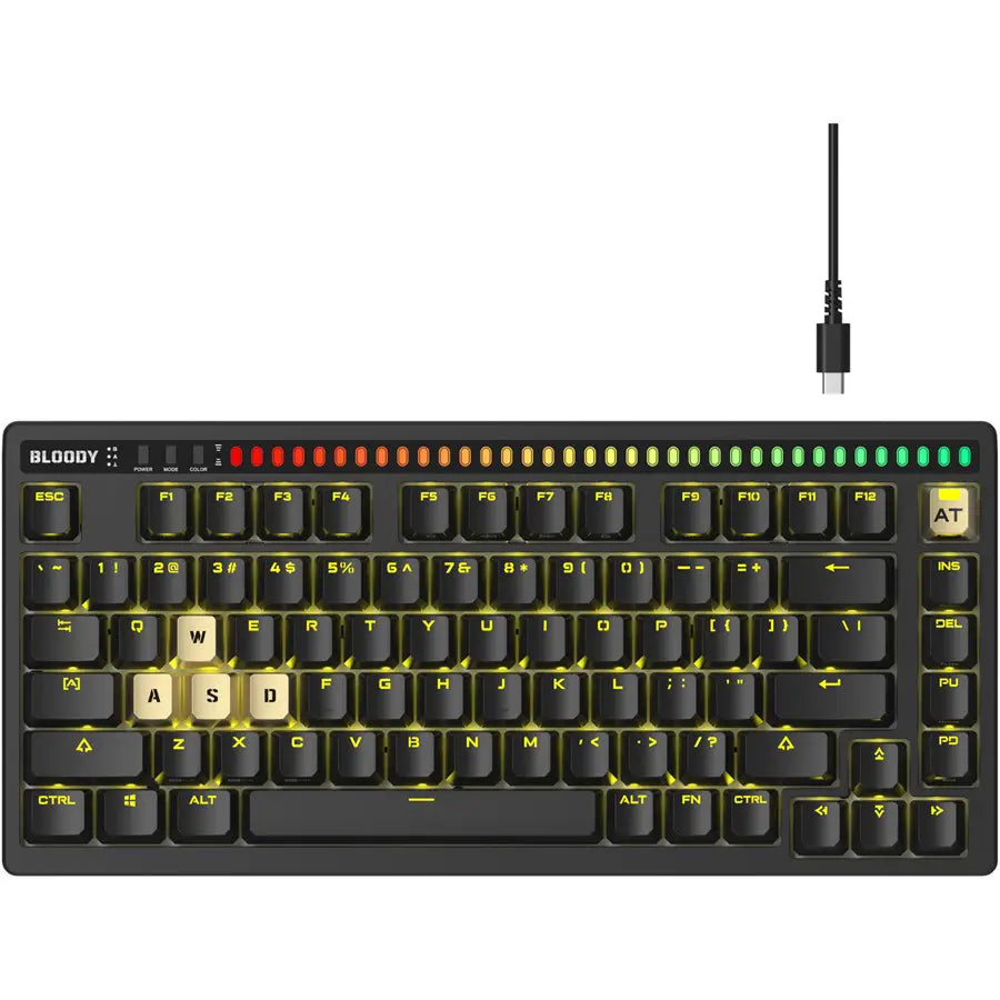 Bloody AT75 Alpha Optical Switch Gaming Keyboard, Adjustable Actuation Point, eXact Reset System, PBT Keycaps, 7 RGB Backlit Effects, Black
