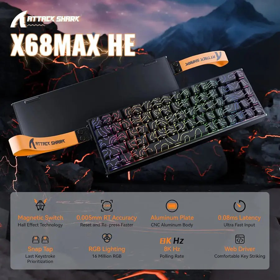 ATTACK SHARK X68MAX HE Rapid Trigger Aluminum Keyboard, 60% Wired 8KHz Magnetic Keyboard, 0.005mm Rapid Trigger Accuracy, 8000Hz Polling Rate RGB, Black Contour