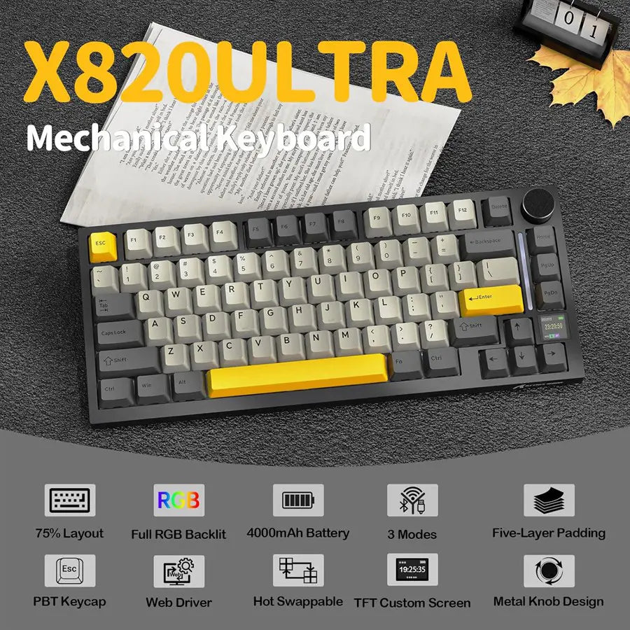 ATTACK SHARK X820Ultra Tri-mode Gasket Mechanical Keyboard, 75% ANSI Layout, Bluetooth 5.1 and 2.4G Wireless and Type-C Wired, TFT Smart Display and Knob, Hot-Swappable, Programmable RGB, Star Black