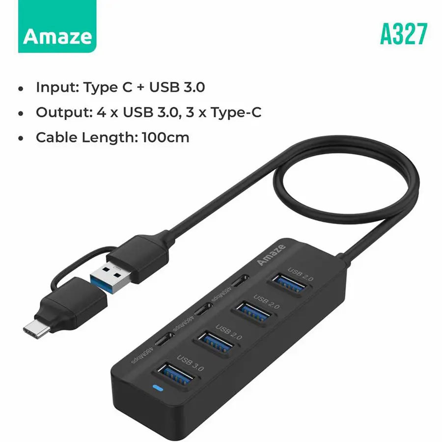 AMAZE 7 Port HUB, Type-C + USB 3.0 A327 Multiport Adapter