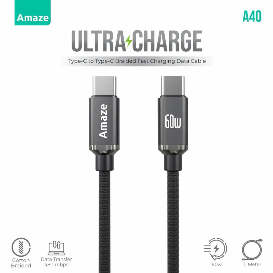 AMAZE Ultra Charge Type-C to Type-C Cable A40 60W Fast Charging 1M Braided Cotton Build