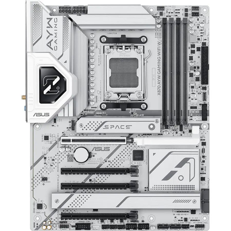 Asus X870 AYW Gaming Wifi W Motherboard, AMD X870, AM5, ATX, DDR5 8000+MT/s, PCIe 5.0 x16, 3x M.2, Wi-Fi 6, 2.5Gb LAN, USB4, White