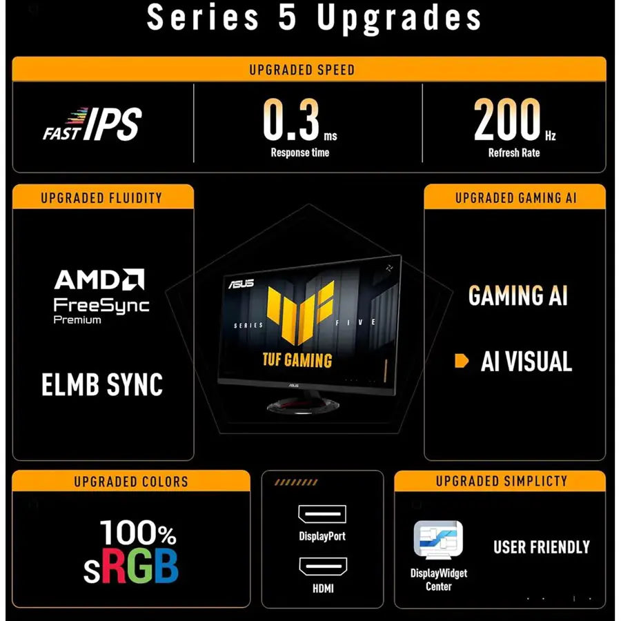 Asus TUF Gaming Series 5 VG279Q5R Gaming Monitor, 27-inch Full HD 1920x1080, 200Hz, Fast IPS, 0.3ms GTG, FreeSync Premium, Black