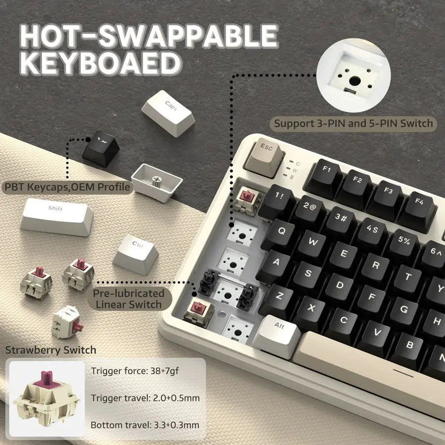 ATTACK SHARK X87 Tri-Mode Gasket Mechanical Keyboard, 80% Layout, Tri-Mode Bluetooth 5.1 and 2.4G and Type-C, Hot-Swappable, RGB, 4000mAh, Cheese White