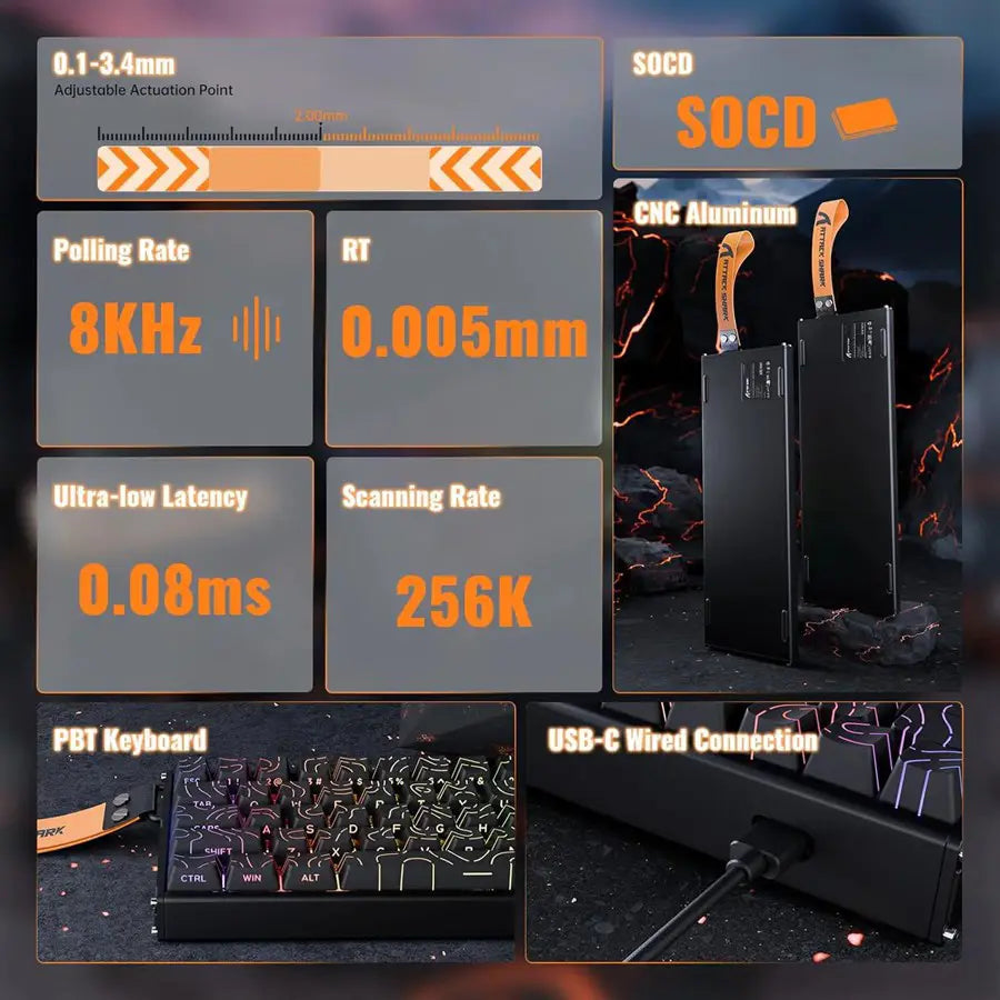 ATTACK SHARK X68MAX HE Rapid Trigger Aluminum Keyboard, 60% Wired 8KHz Magnetic Keyboard, 0.005mm Rapid Trigger Accuracy, 8000Hz Polling Rate RGB, Black Contour