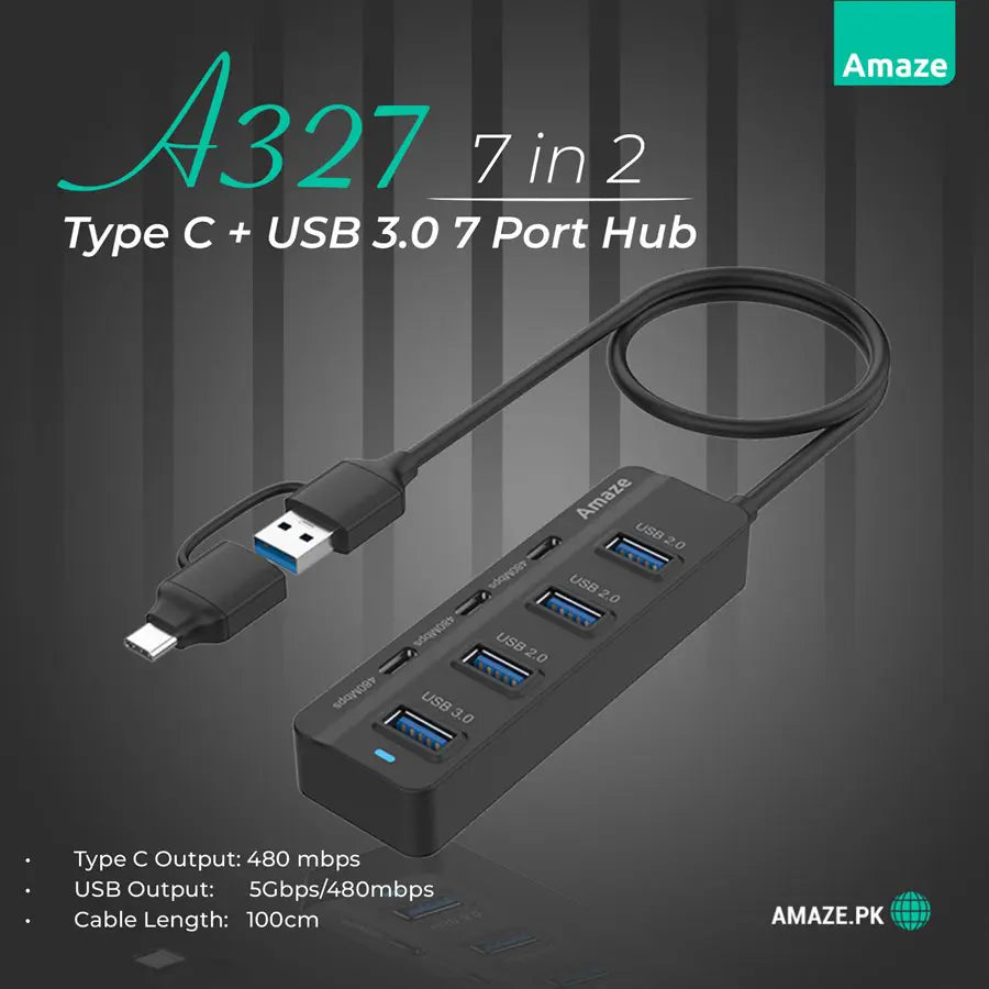 AMAZE 7 Port HUB, Type-C + USB 3.0 A327 Multiport Adapter