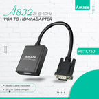 AMAZE A832 VGA to HDMI Adapter with Audio, 2K FHD 60Hz, 20cm Cable, Black