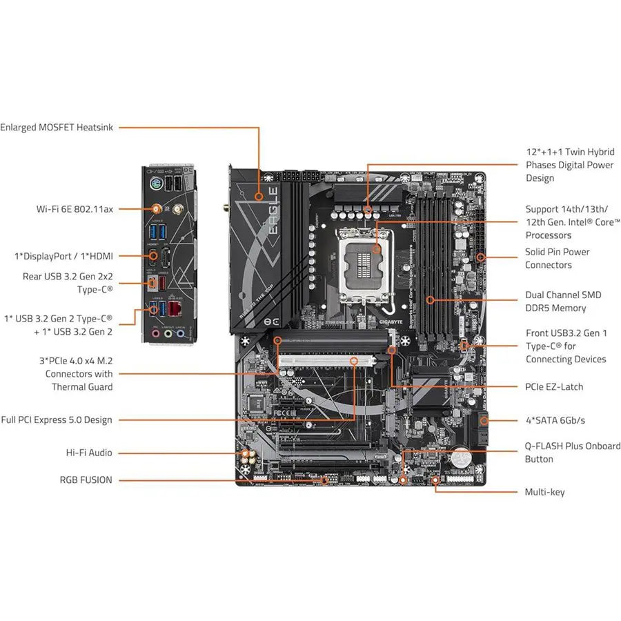 Gigabyte Z790 Eagle AX ATX Motherboard, Intel 12th/13th/14th Gen, LGA1700, DDR5, Wi-Fi 6E, 2.5GbE LAN, 3xM.2, DP, HDMI, USB-C