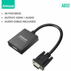 AMAZE A832 VGA to HDMI Adapter with Audio, 2K FHD 60Hz, 20cm Cable, Black
