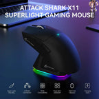 ATTACK SHARK X11 Wireless Gaming Mouse, PixArt PAW3311 Sensor, Tri-Mode BT/2.4G/Wired, 63g Ultra-Light, 65Hrs Battery, With Charging Dock, Black