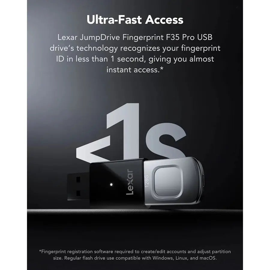 Lexar JumpDrive Fingerprint F35 PRO USB 3.2 Gen 1 Flash Drive, 128GB, Up To 400MB/s Read, Fingerprint Authentication, 256-Bit AES Encryption, Metal Body