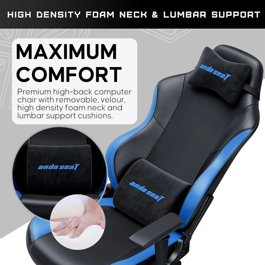 AndaSeat Luna Large Gaming Chair for Adults | Black/Blue | Folding Recliner Seat | AD18-48-BS-PV