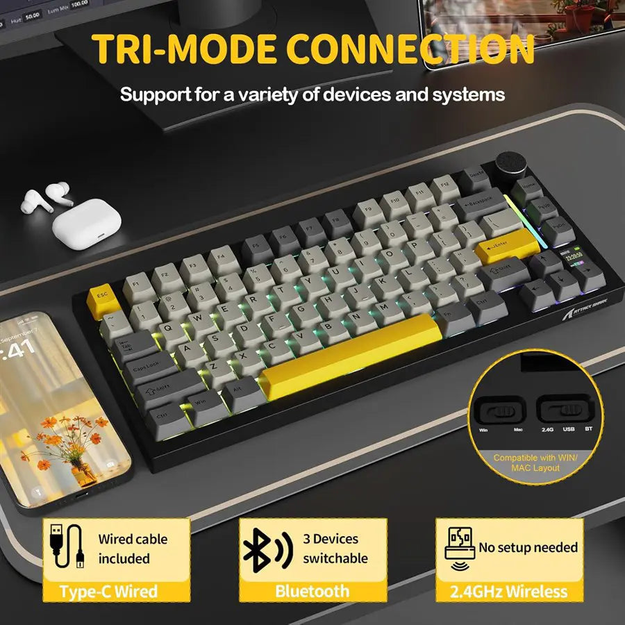 ATTACK SHARK X820Ultra Tri-mode Gasket Mechanical Keyboard, 75% ANSI Layout, Bluetooth 5.1 and 2.4G Wireless and Type-C Wired, TFT Smart Display and Knob, Hot-Swappable, Programmable RGB, Star Black