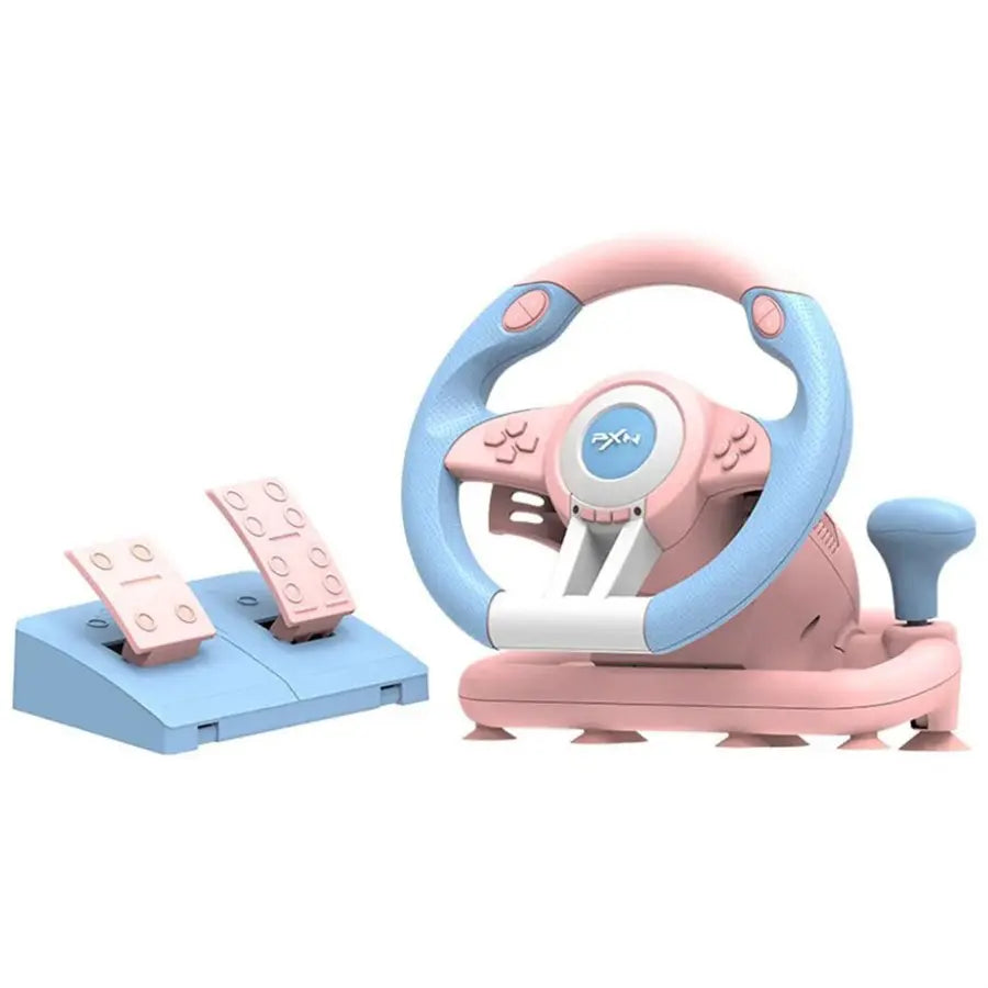 PXN V3 Pro Color Edition Gaming Racing Steering Wheel, 180-Degree Steering, Dual Vibration, Manual Shift Paddle and Gear Lever, Pink / Bule