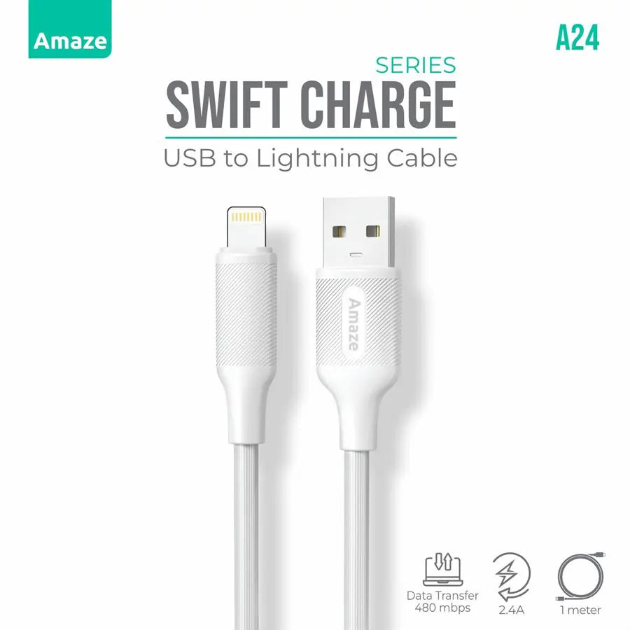 Amaze A24 Swift Series USB to Lightning Cable 2.4A Fast Charging, 1m Length, Apple Compatible