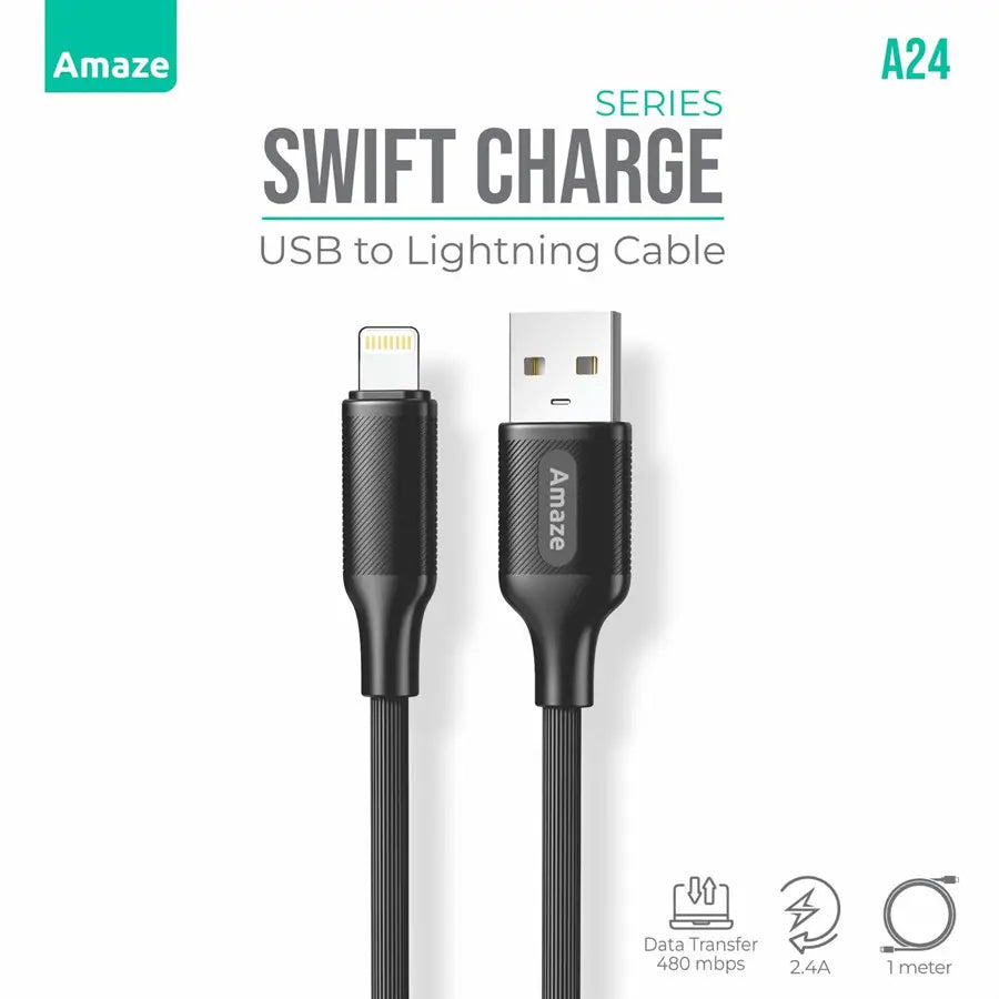 Amaze A24 Swift Series USB to Lightning Cable 2.4A Fast Charging, 1m Length, Apple Compatible