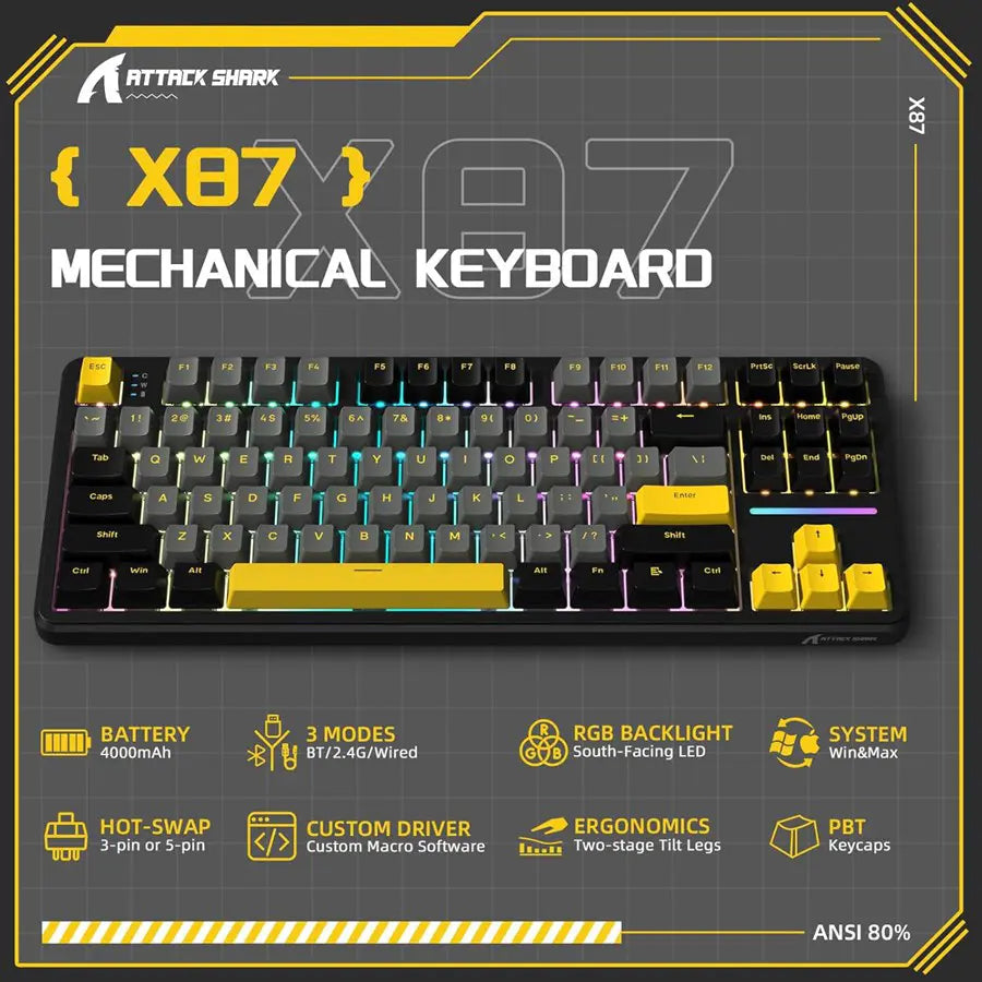 ATTACK SHARK X87 Wireless Tri-Mode Mechanical Gaming Keyboard, Hot-Swappable, Gasket Mount, RGB Backlit, Pre-Lubed Linear Switches, Side-Printed PBT Keycaps, TKL 87-Key, Star Black