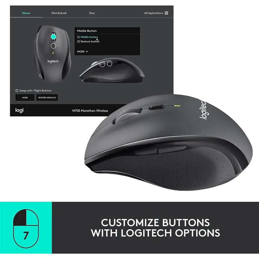 Logitech Marathon Mouse M705 1000 DPI, 2.4GHz Wireless, 5 Buttons, Hyper-Fast Scroll, Graphite