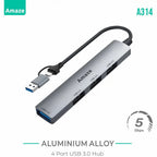 Amaze A314 4-Port USB 3.0 Hub with Dual Inputs, 5Gbps Speed, Aluminum Alloy Case
