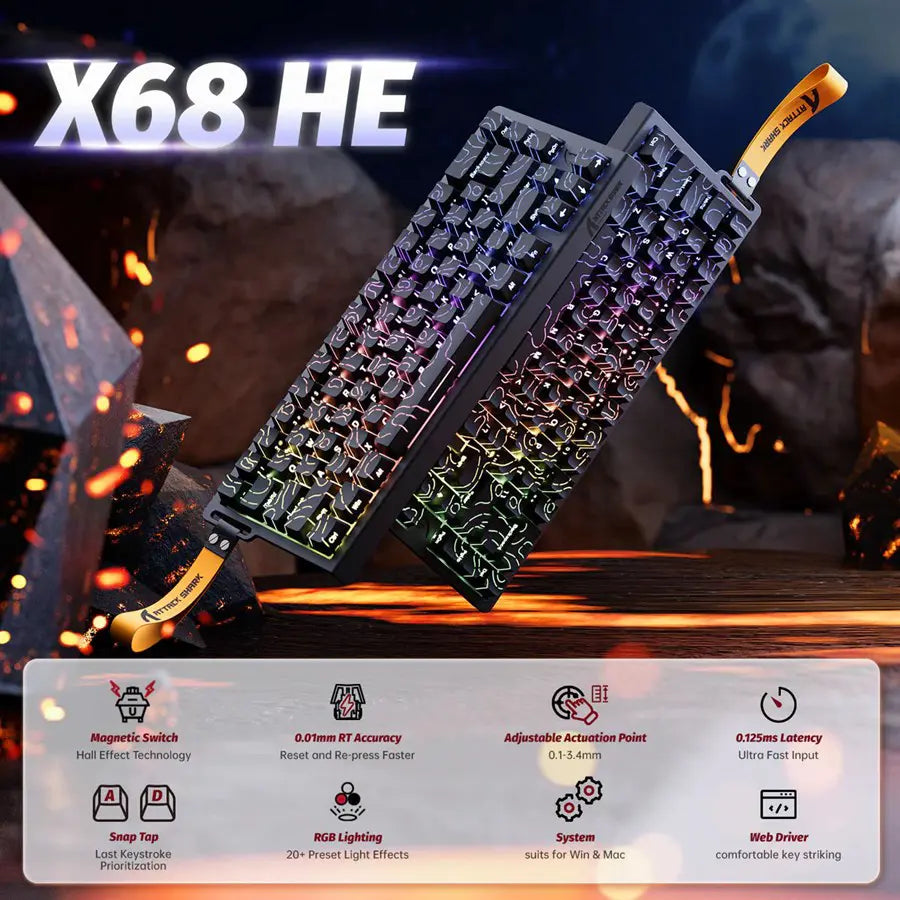 ATTACK SHARK X68 HE Rapid Trigger Keyboard, 60% Wired, Magnetic Switch, 0.01mm RT Accuracy, 8000Hz Polling Rate, Adjustable Actuation 0.1-3.4mm, RGB, Black Contours