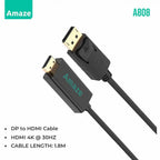 AMAZE A808 DP to HDMI Adapter Cable 4K@30Hz, 1.8m Length, Gold Plated Connectors