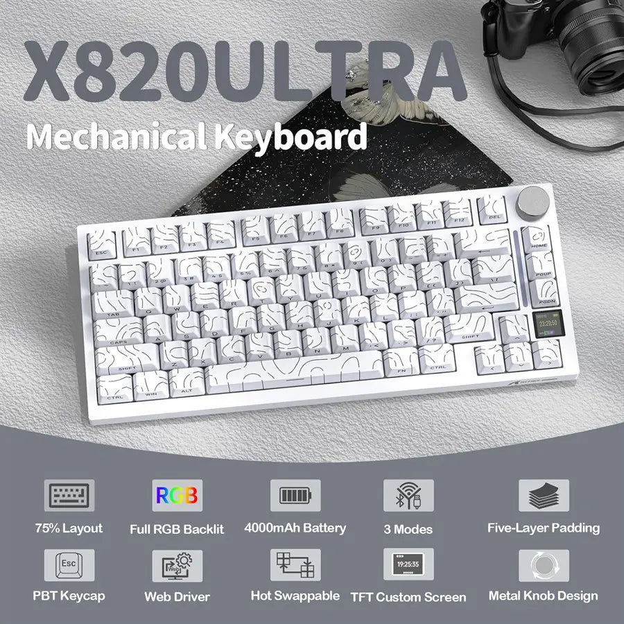 ATTACK SHARK X820 Ultra 75% Wireless Gaming Mechanical Keyboard, Hot-Swappable Gasket Mount, RGB Backlit, Bluetooth 2.4G Wired Tri-Mode, Smart TFT Display and Knob, QMK Driver, Gift Switch, White Contour