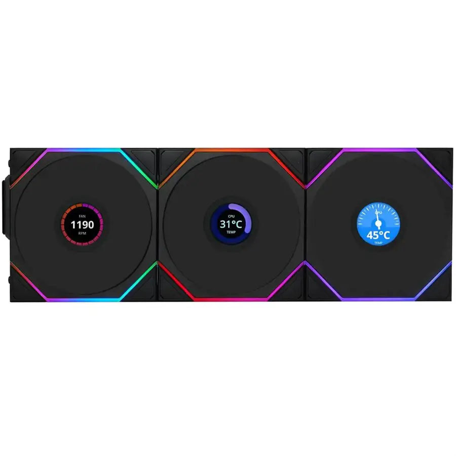 Lian Li UNI Fan TL LCD Wireless 120 Triple Pack Black, 2.4GHz Wireless, ARGB, Infinity Mirror, 1.6 Inch LCD, Controller Included