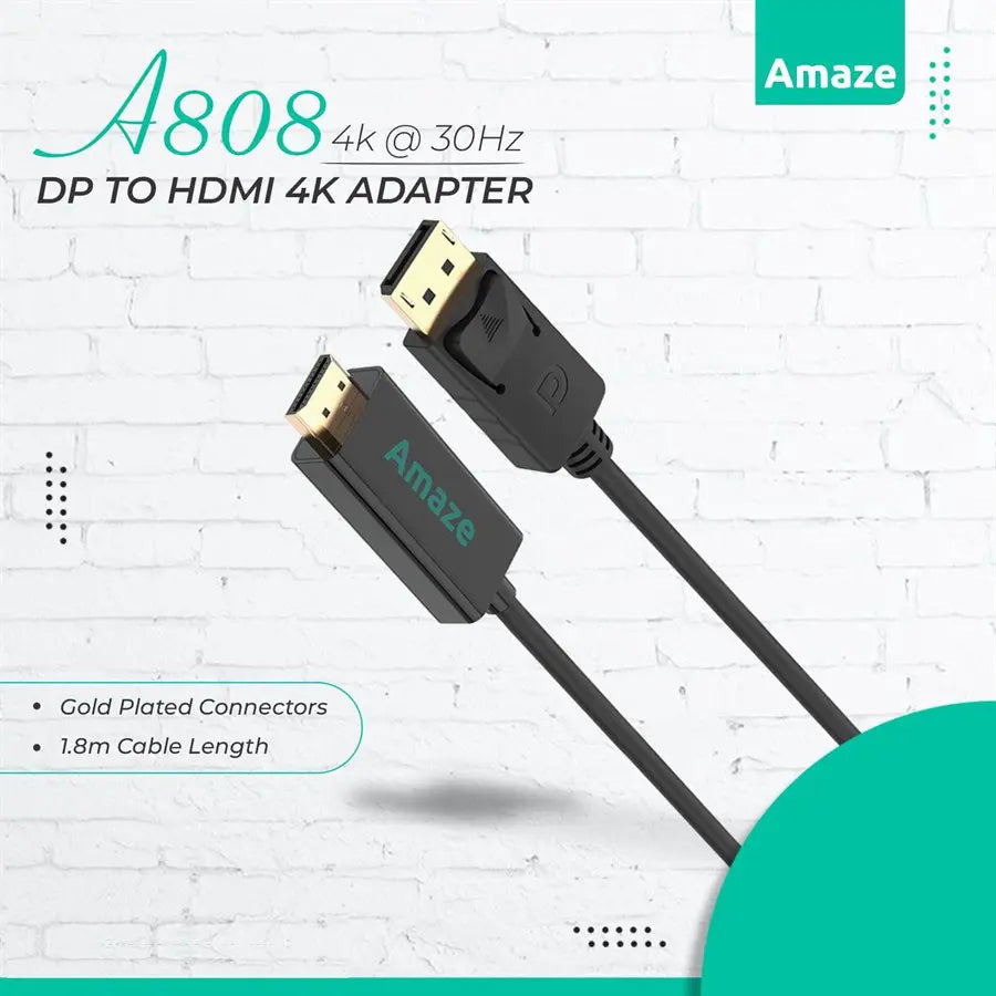 AMAZE A808 DP to HDMI Adapter Cable 4K@30Hz, 1.8m Length, Gold Plated Connectors