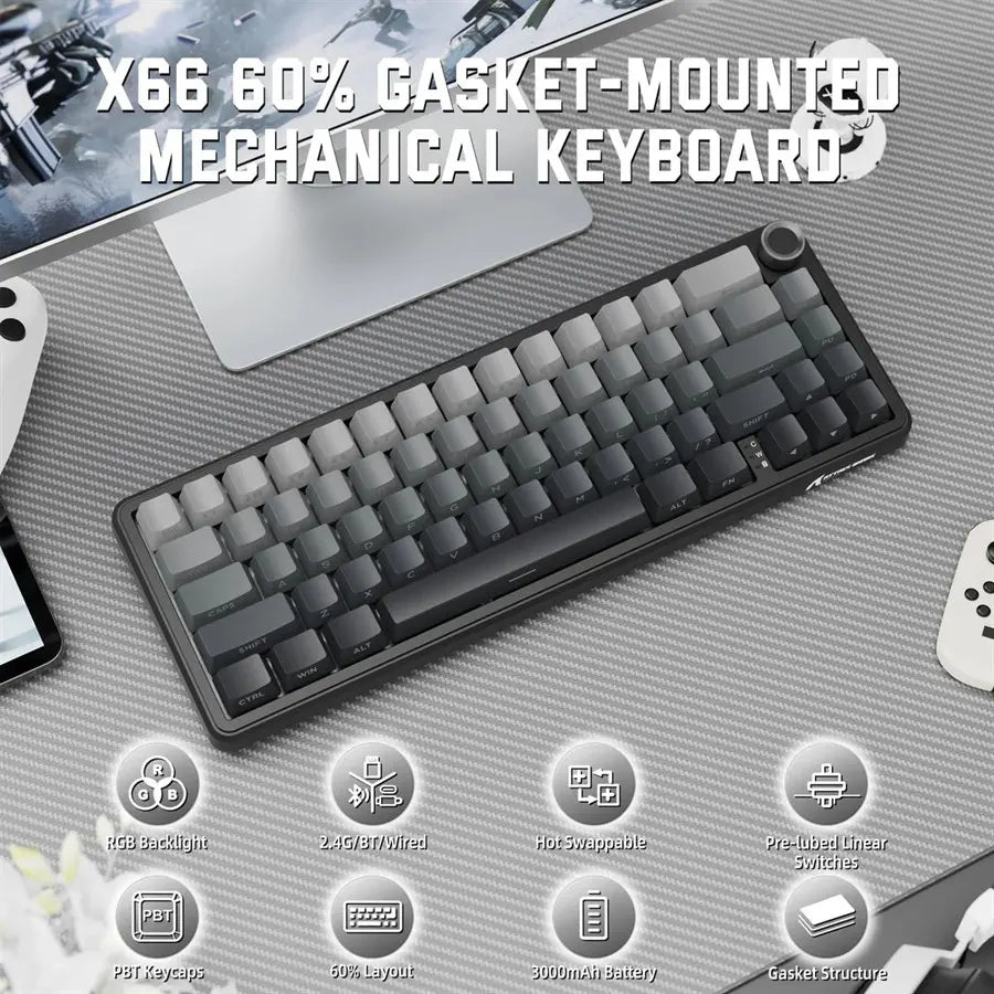 ATTACK SHARK X66 Wireless Mechanical Keyboard, 60% Layout, Hot-Swappable Strawberry Switch, Side Printed PBT Keycaps, Bluetooth 2.4G Type-C Wired, 3000mAh Battery, Moonlit Night