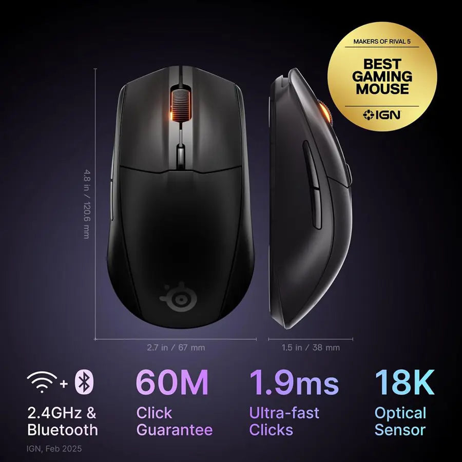 SteelSeries Rival 3 Wireless Gen 2 Gaming Mouse, TrueMove Air 18K Sensor, 1.9ms Latency, 2.4GHz Wireless and Bluetooth, 6 Buttons, Black, 62523