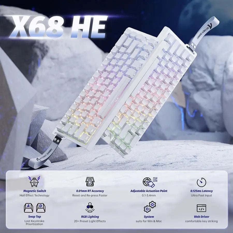 ATTACK SHARK X68 HE Rapid Trigger Keyboard, 60% Wired, Magnetic Switch, 0.01mm RT Accuracy, 8000Hz Polling Rate, Adjustable Actuation 0.1-3.4mm, RGB, White Contour