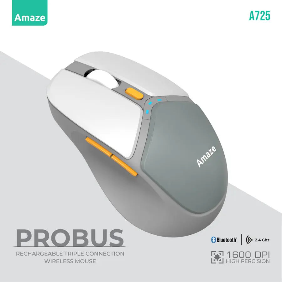 Amaze Probus A725 Wireless Mouse, Triple Connection 2xBluetooth and 2.4GHz, Adjustable 800/1200/1600 DPI, 6 Buttons, Silent Touch, Rechargeable Type-C, 82g, RGB Lights