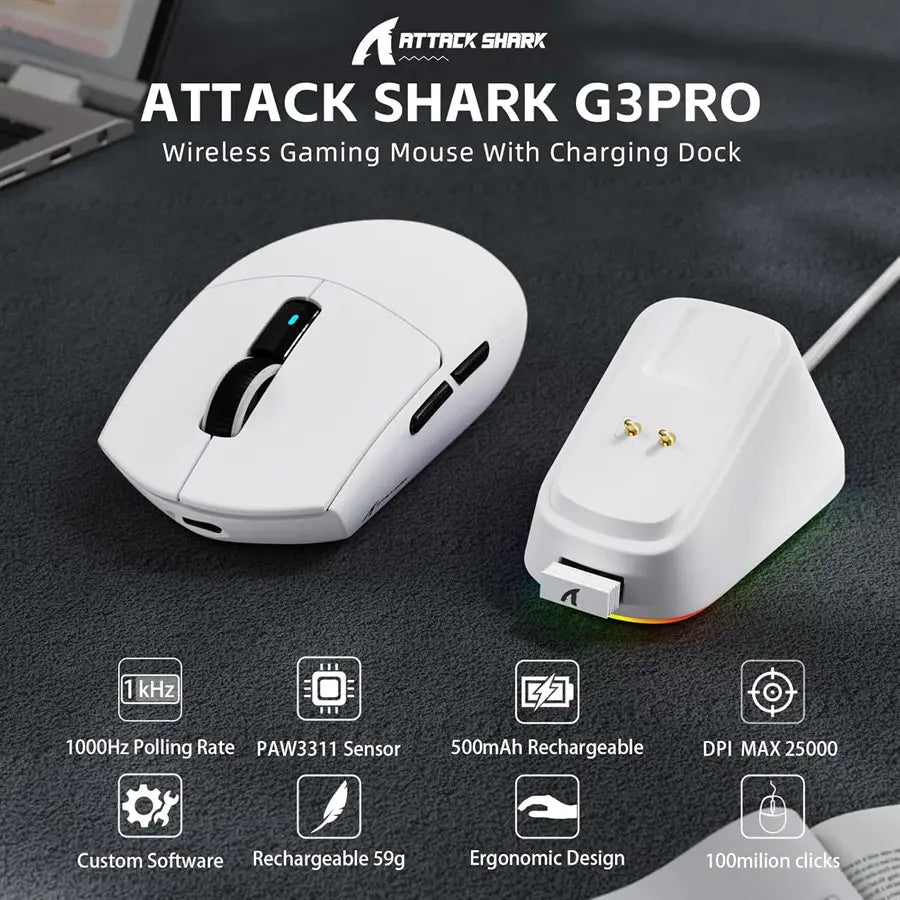 ATTACK SHARK G3PRO Tri-Mode Wireless Gaming Mouse With Charge Dock, 25000 DPI, PixArt PAW3311 Sensor, Broadcom Esport MCU, Omron Switches, Ultra Lightweight 59g, White