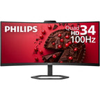 Philips 34E1C5600HE Curved Monitor, 34' UltraWide QHD, 100Hz, Built-in Windows Hello Webcam, Noise Canceling Mic, USB-C Docking, Stereo Speakers, Black