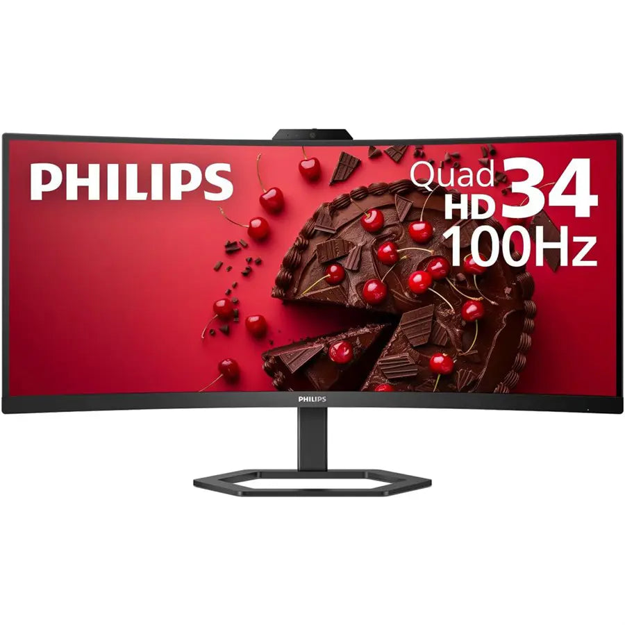 Philips 34E1C5600HE Curved Monitor, 34' UltraWide QHD, 100Hz, Built-in Windows Hello Webcam, Noise Canceling Mic, USB-C Docking, Stereo Speakers, Black