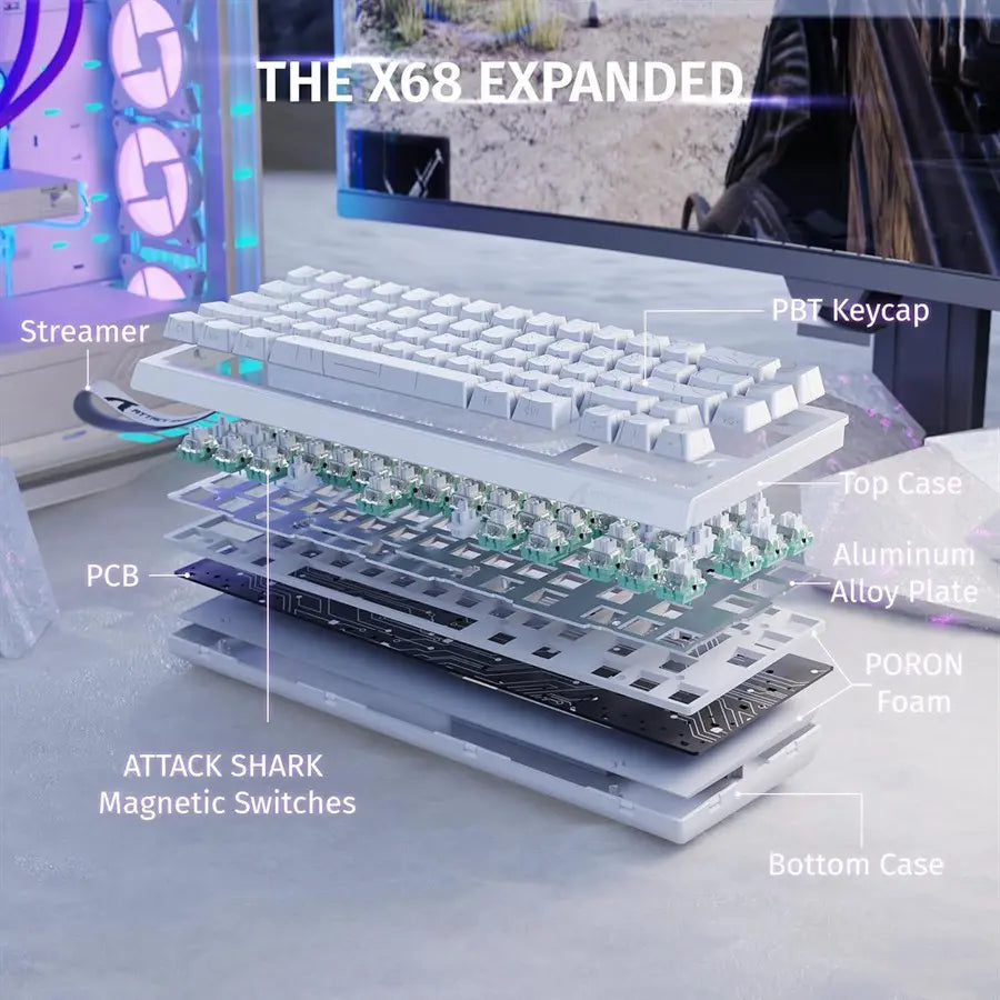 ATTACK SHARK X68 HE Rapid Trigger Keyboard, 60% Wired, Magnetic Switch, 0.01mm RT Accuracy, 8000Hz Polling Rate, Adjustable Actuation 0.1-3.4mm, RGB, White Contour